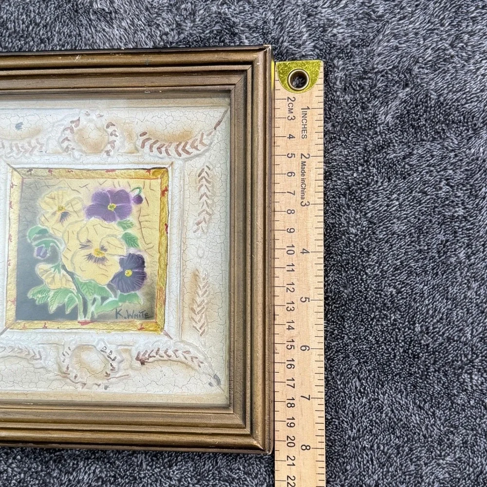 Vintage K White Pansy Floral Framed Wall Art Gold Frame Cottage Decor 8x8